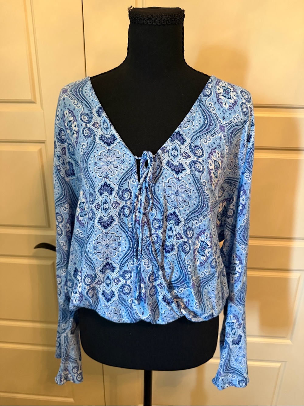 Lucy Love Light Blue Paisley Tie-Front V-Neck Blouse